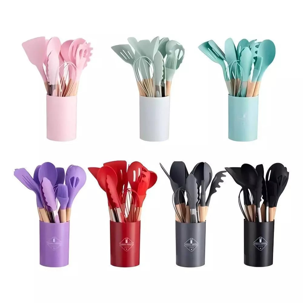 Kit de Utensílios Para Cozinha em Silicone e Bambu Premium 12 Peças