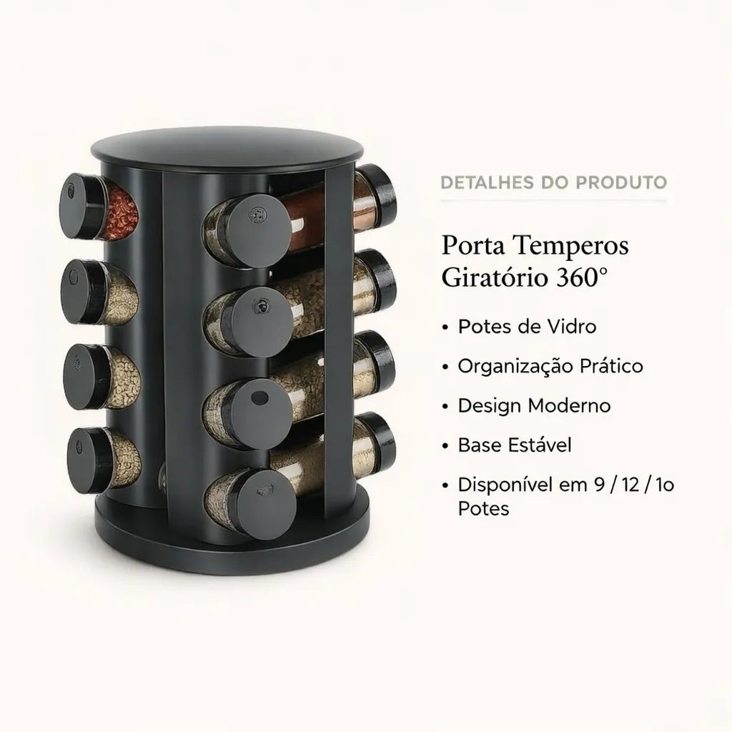 Porta Tempero Giratorio Com 9/12/16 Potes Vidro Suporte Para Especiarias Giratório 360°