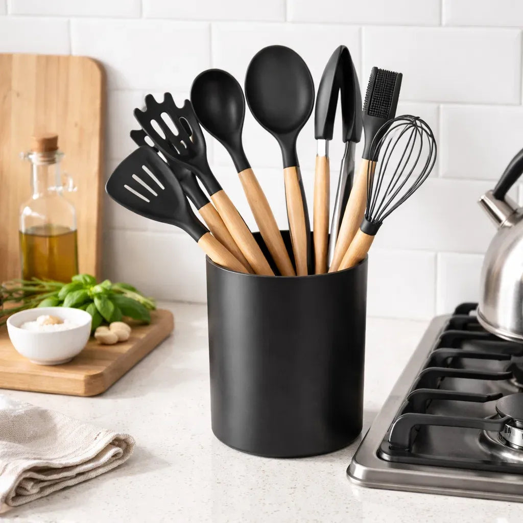 Kit de Utensílios Para Cozinha em Silicone e Bambu Premium 12 Peças