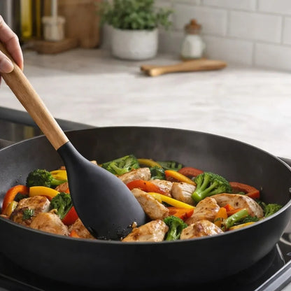 Kit de Utensílios Para Cozinha em Silicone e Bambu Premium 12 Peças