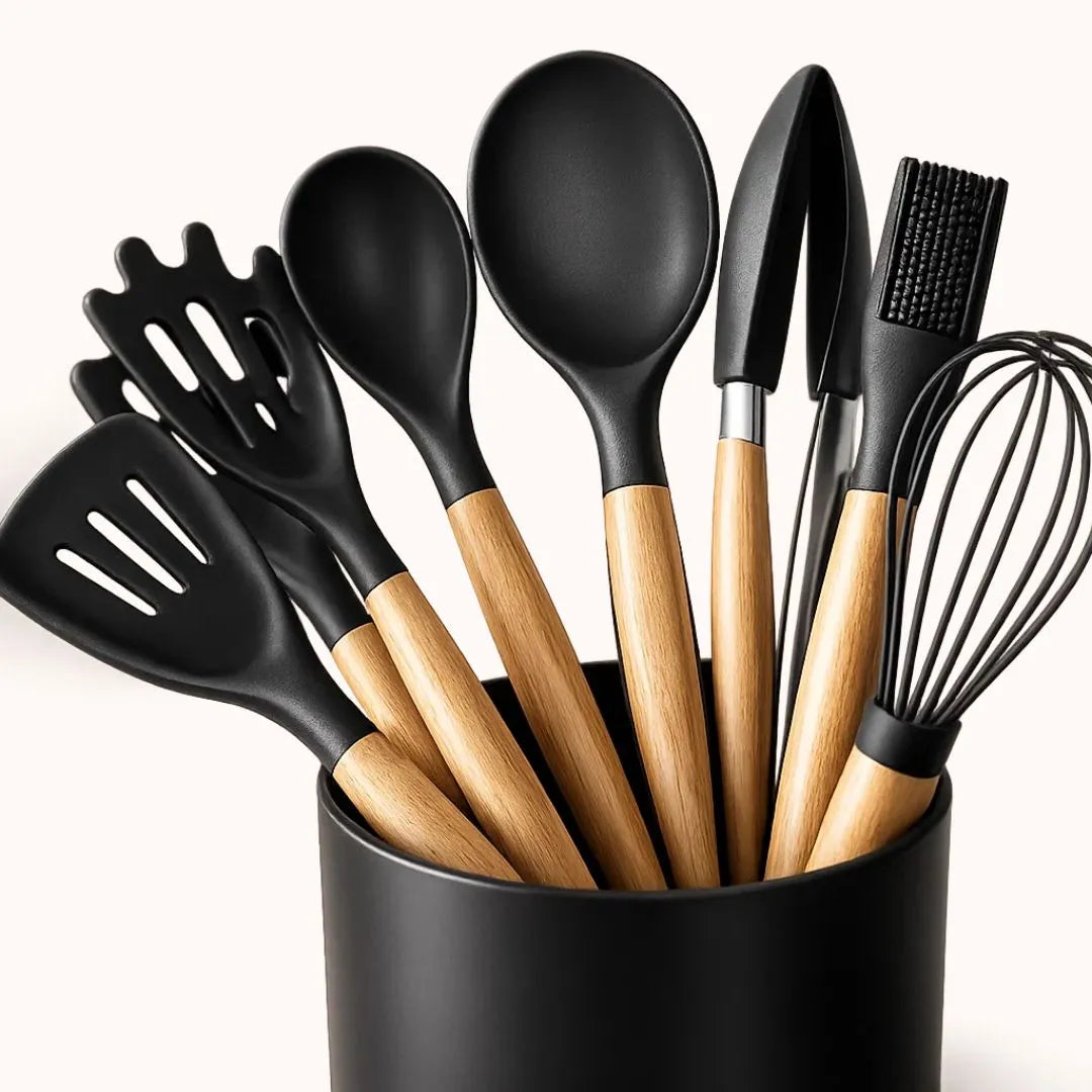 Kit de Utensílios Para Cozinha em Silicone e Bambu Premium 12 Peças