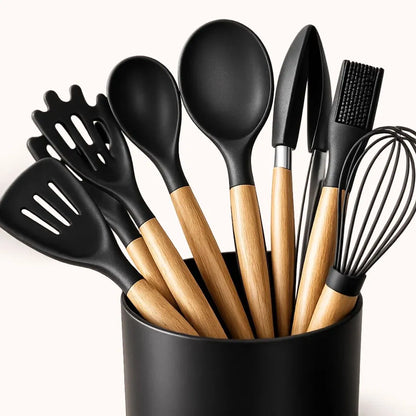 Kit de Utensílios Para Cozinha em Silicone e Bambu Premium 12 Peças