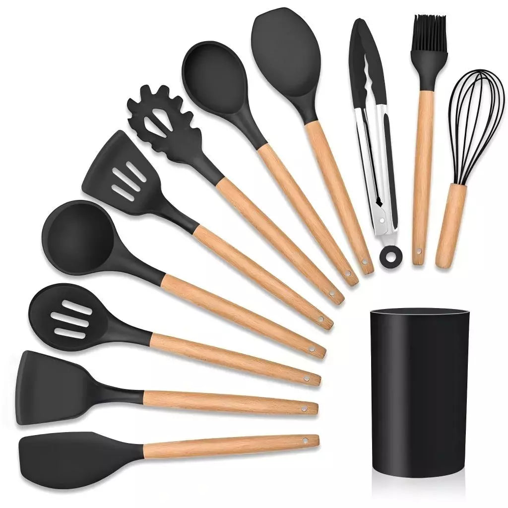 Kit de Utensílios Para Cozinha em Silicone e Bambu Premium 12 Peças