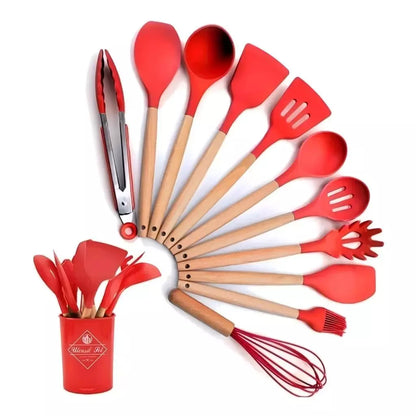 Kit de Utensílios Para Cozinha em Silicone e Bambu Premium 12 Peças