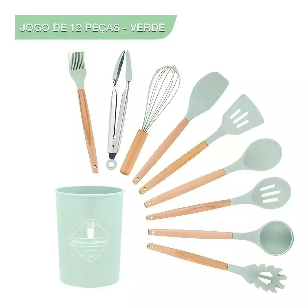 Kit de Utensílios Para Cozinha em Silicone e Bambu Premium 12 Peças