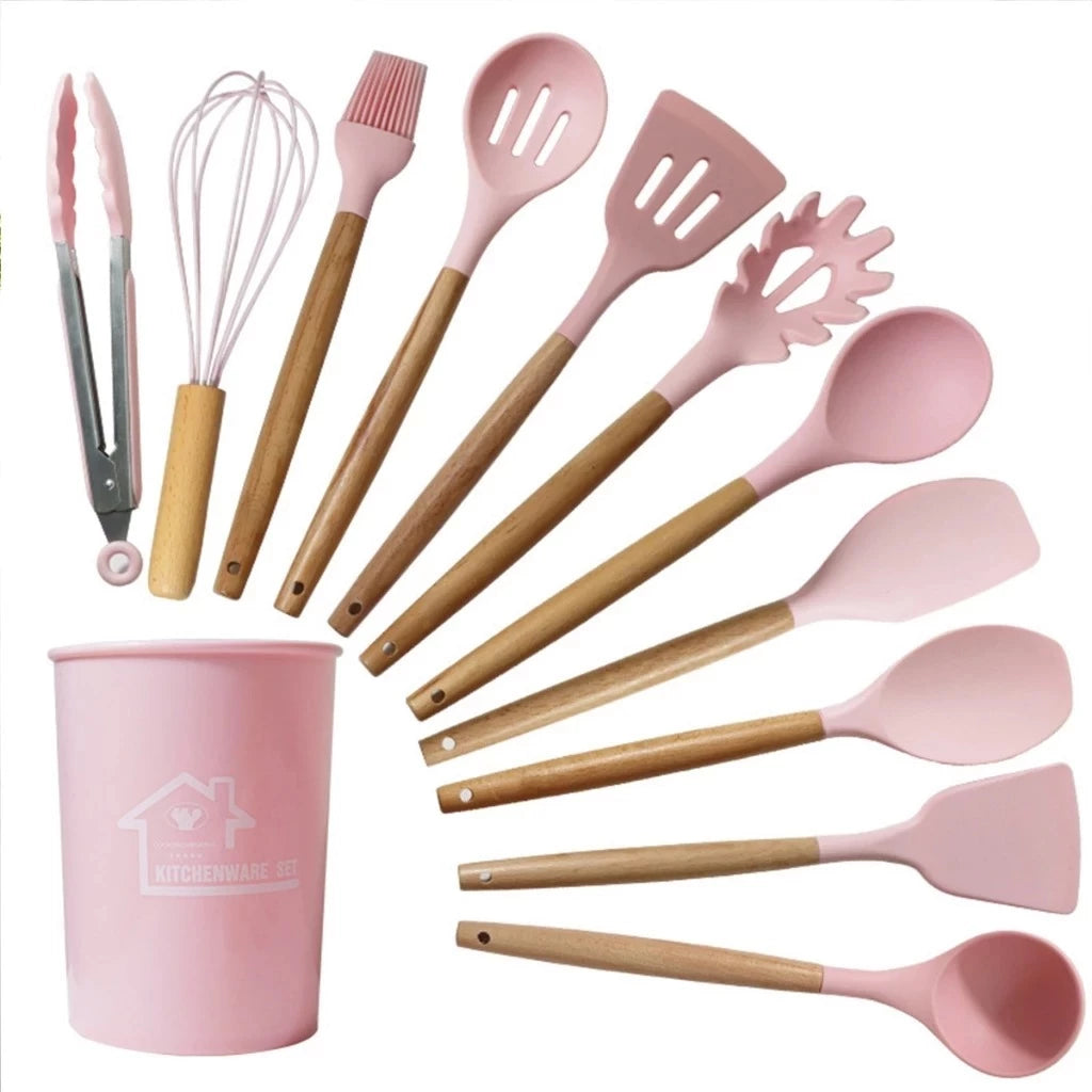Kit de Utensílios Para Cozinha em Silicone e Bambu Premium 12 Peças