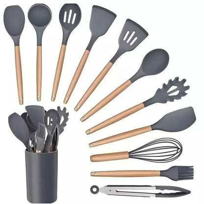 Kit de Utensílios Para Cozinha em Silicone e Bambu Premium 12 Peças