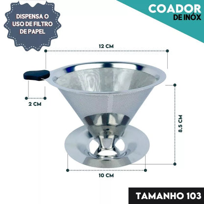 Filtro Coador De Café Inox 103 Com Pegador em Silicone - Peneira de Aço Reutilizável