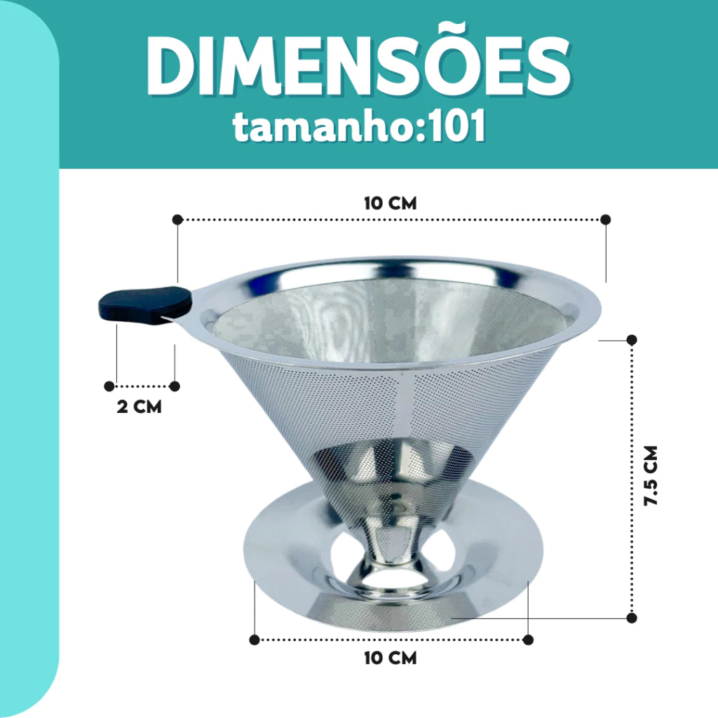Filtro Coador De Café Inox 103 Com Pegador em Silicone - Peneira de Aço Reutilizável