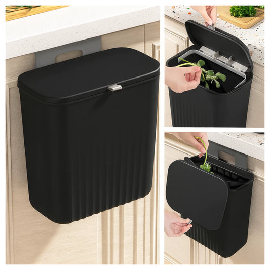 Lixeira de Cozinha Multiuso Suspensa 9 Litros Com Tampa e Suporte De Adesivos+Alça De Pendurar