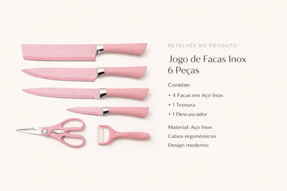 Jogo De Facas Inox+Descascador e Tesoura 6 Peças
