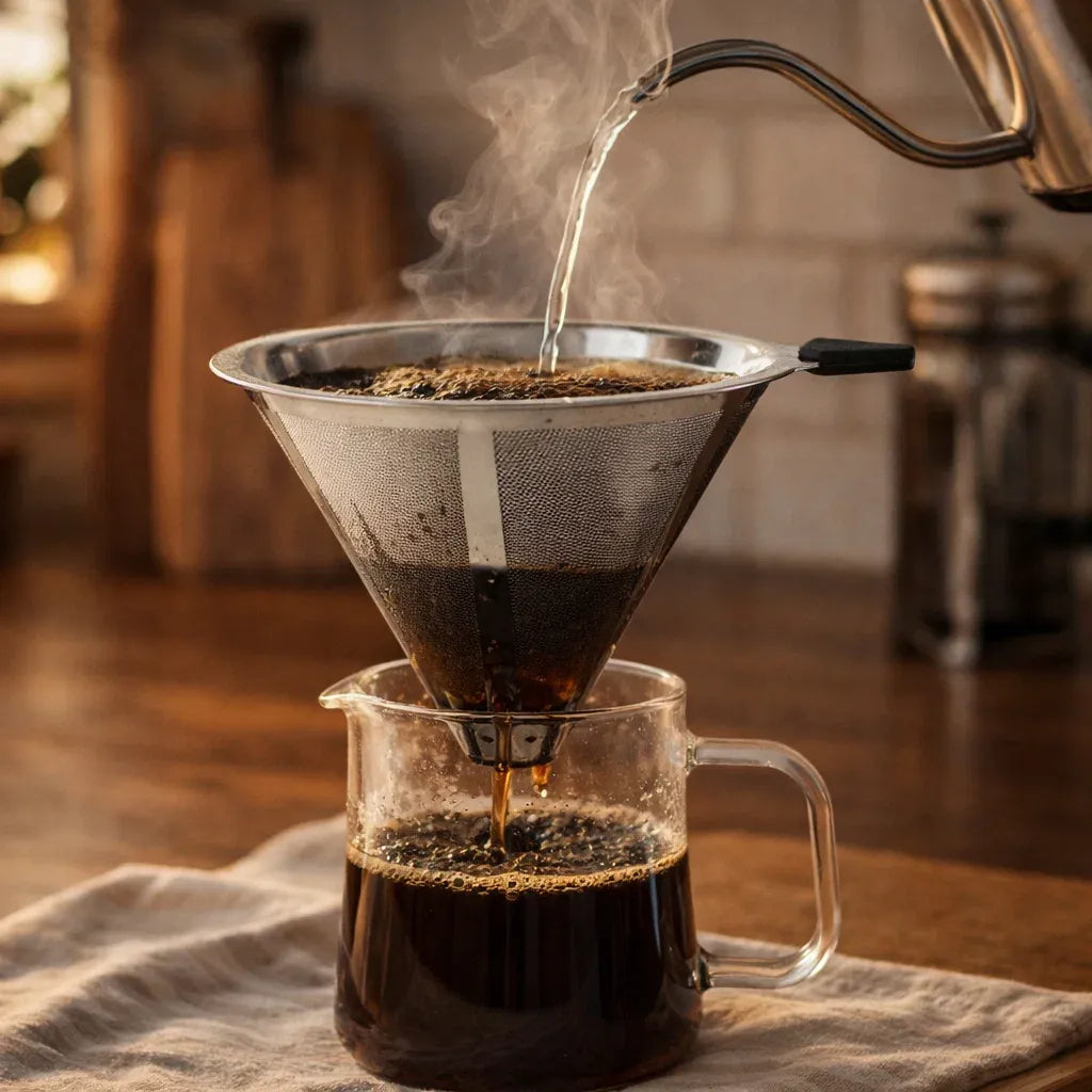 Filtro Coador De Café Inox 103 Com Pegador em Silicone - Peneira de Aço Reutilizável