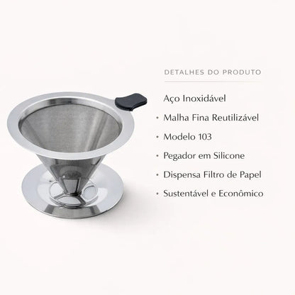 Filtro Coador De Café Inox 103 Com Pegador em Silicone - Peneira de Aço Reutilizável