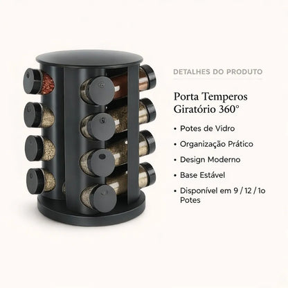 Porta Tempero Giratorio Com 9/12/16 Potes Vidro Suporte Para Especiarias Giratório 360°