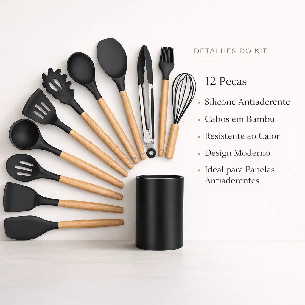 Kit de Utensílios Para Cozinha em Silicone e Bambu Premium 12 Peças