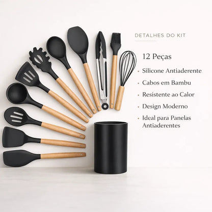Kit de Utensílios Para Cozinha em Silicone e Bambu Premium 12 Peças